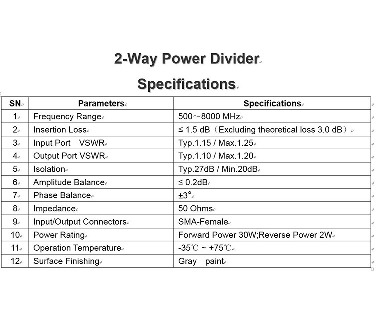0.5-8GHz 30W SMA radio frequency microwave RF split two broadband splitter